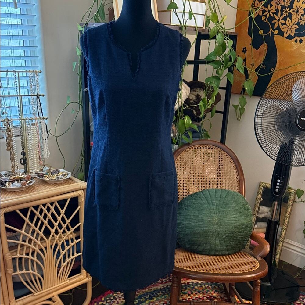 Karl Lagerfeld Paris Navy Blue Tweed Micro Fringe Classic Mini Sheath Dress